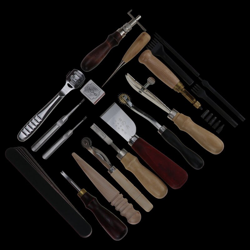 Leather Craft Punch Tools Kit Stitching Carving Working Sewing Saddle Groover Thread Awl Waxed Thimble Kit: 19PCS 1SET