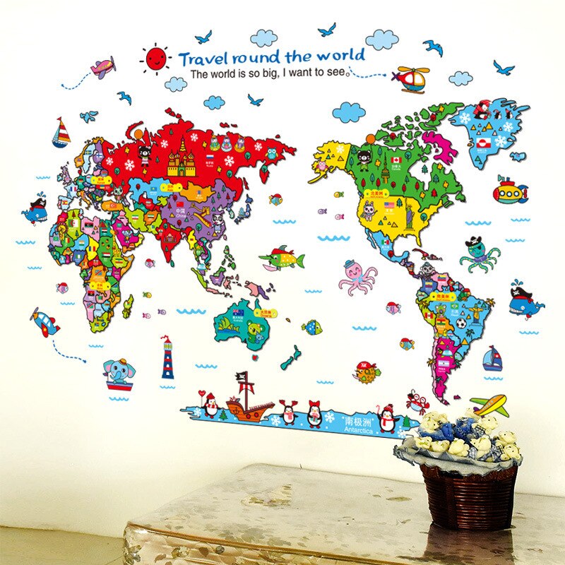 Cartoon world travel map wall sticker PVC material DIY wall decals For Living room sofa background kids room wall decor stickers