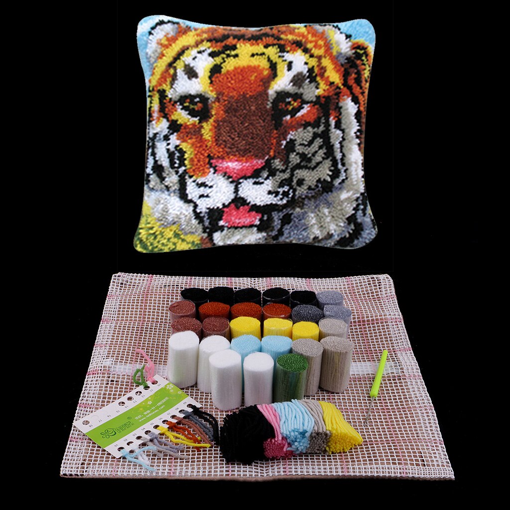 Wolf/Tiger/Giraffe Animal Pattern Latch Hook Kit DIY Pillowcase Making Package Pillow Latch Hook Rug Handmade Needlework Supply: Tiger