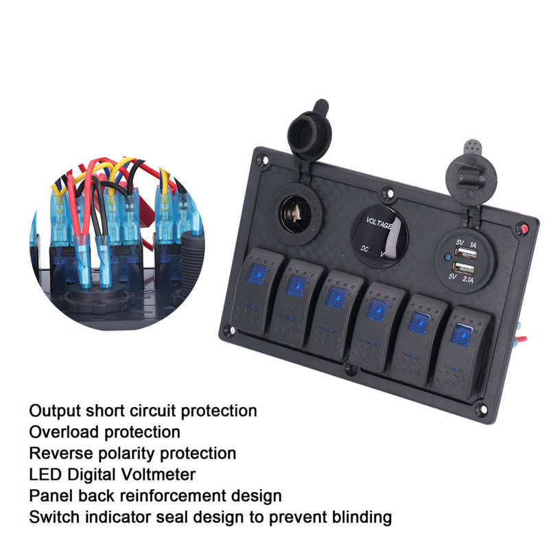 6 Gang Rocker Switch Panel LED Digital Voltmeter Marine Boat Rocker Switch Panel for SUV Trucks Lawn Mowers Tractors