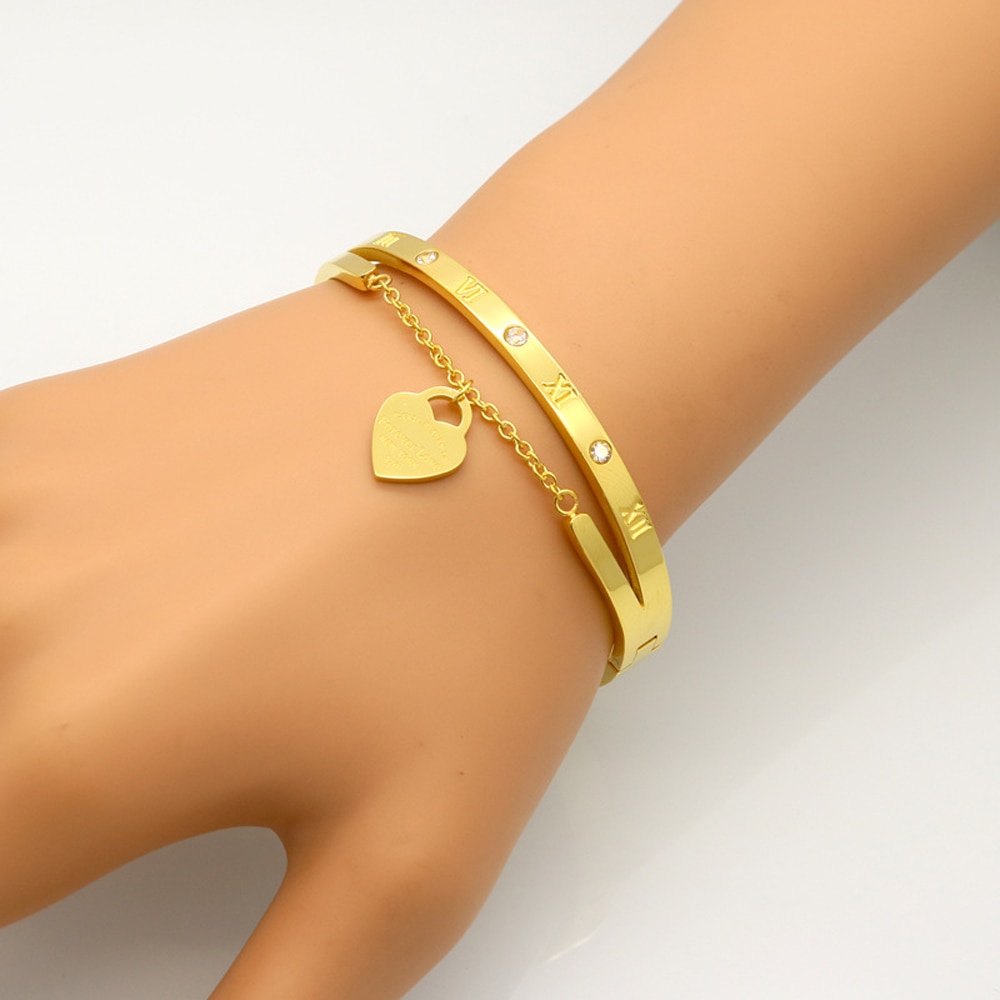 Gold/Rose Gold-Color Crystal Heart Charm Bracelets Wrap Cuff Bangles For Women Jewelry Valentine