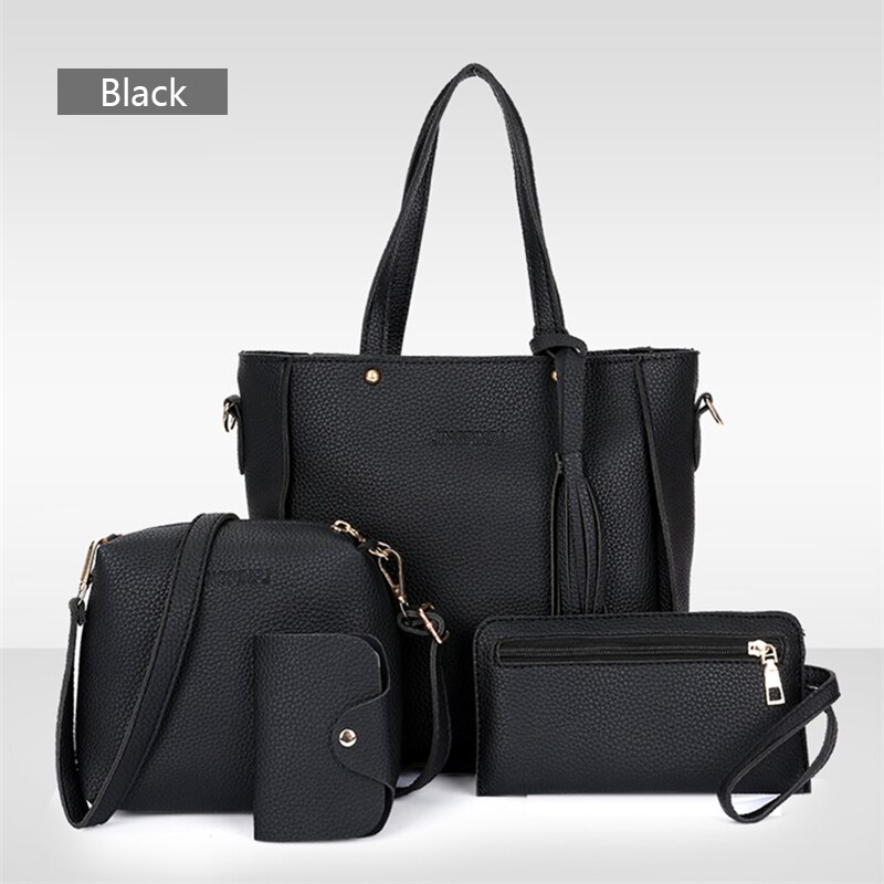 . Exclusivo. 4 piezas bolso de las mujeres de cuero de la PU bolso de hombro A435: black