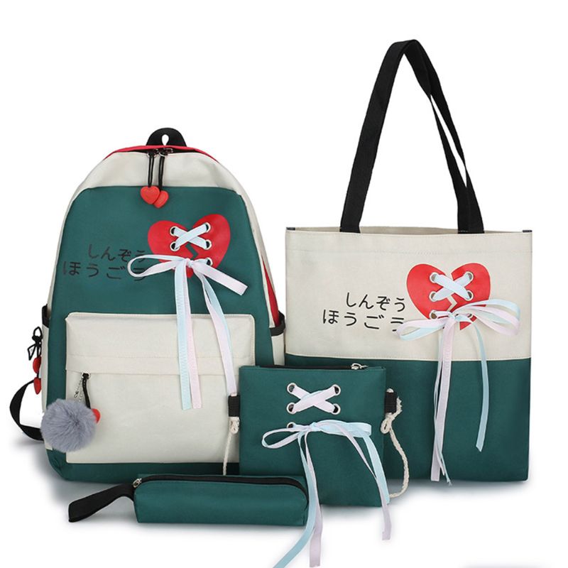 4pcs Canvas School Backpack Daypack Ribbon Shoulder Bags Handbag Pencil Case Set A69C: green