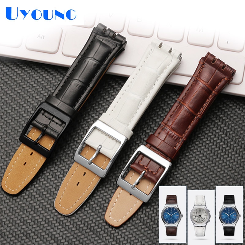 Bracelet de montre en cuir véritable étanche, noir marron, 17mm, 19mm, pour montre Swatch Alligator