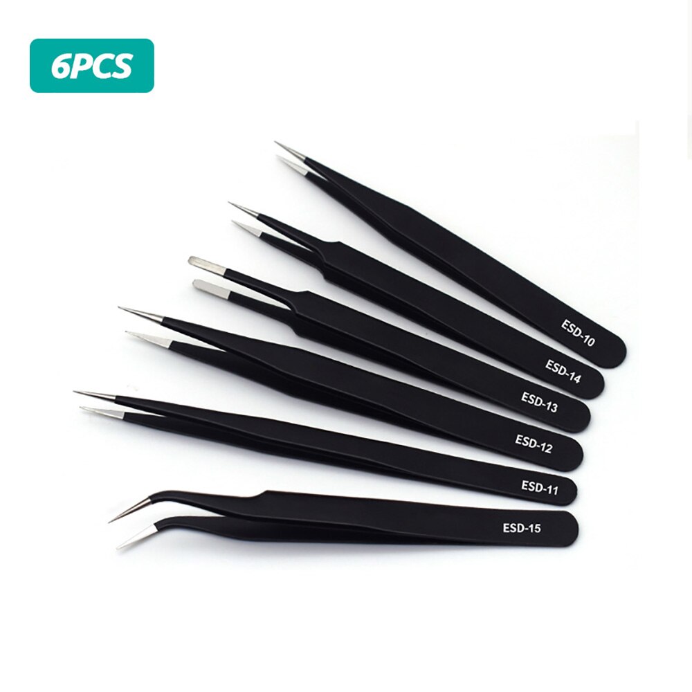 ESD Anti-Static Stainless Steel Tweezers Precision Maintenance Industrial Repair Curved Tool Home Working Model Making Hand Tool: Option 6
