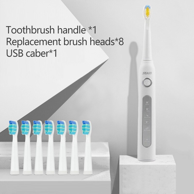 SEAGO Sonic Electric Toothbrush Adults Timer 5 Modes USB Rechargeable Tooth Brush Replacement Brush Head Nozzles Box SG-507: whtie5head