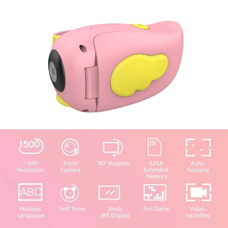 Videocámara Digital para niños, cámara de vídeo con enfoque automático de 15M píxeles, grabación de vídeo con temporizador, pegatina de filtros incorporada: Default Title