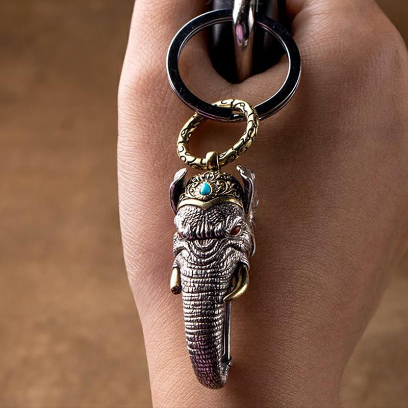 RetroSen Neue Silber Manuelle Elefanten Gott Des Reichtums Anhänger Ring Schnalle Auto Keychain Persönlichkeit Kreativität Jahrgang Besteck