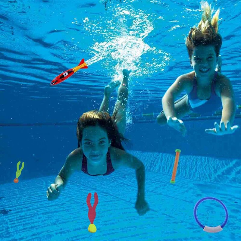 Dykkerlegetøj undervandssynkende swimmingpoollegetøj, dykkeringe og pinde, torpedoer, vandgræs, dykkertræning for børn ( p