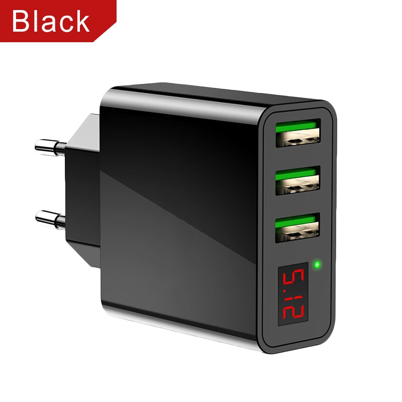 3 Port Usb Telefoon Oplader Led Display Eu Plug Totaal Max 3A Smart Fast Charger Mobiele Lader Voor Iphone 12 Pro Ipad Samsung: EU 3USB Black