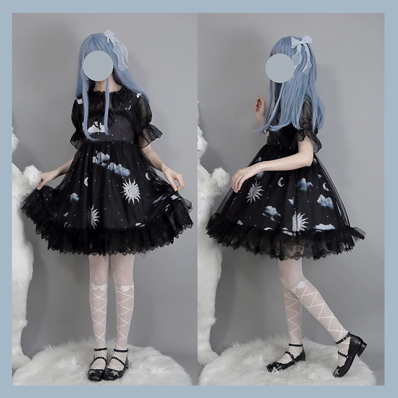 Dark Lolita Sterrenhemel Gradiënt Wolken Kawayi Jurk Originele Loli Js Mouwloze Sling Jurk Leuke Meisje Konijn Ondergoed Pak