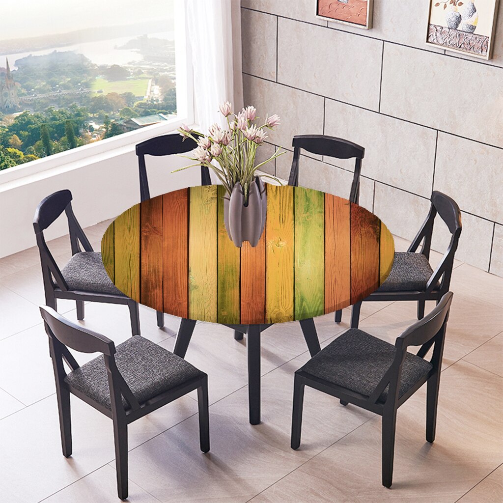 Round Vinyl Tablecloth Elastic Edge Flannel Backed Table Cover (Multi-Types, Small Round Fits Table up 59''-47''Diameter): Colorful Wood 1.5m