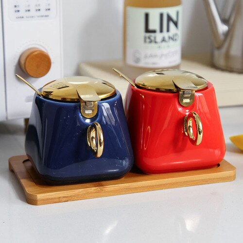 Kruidkruik Set Huishoudelijke Combinatie Zout Jar Kruiden Opbergdoos Keramische Keuken Kruiden Pot Peper Pot Met Deksel Cn (oorsprong): blue and red