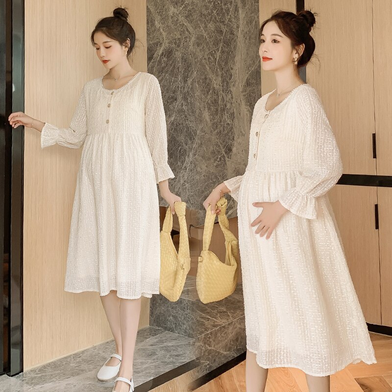 8201# Autumn Korean Maternity Party Long Dress Slim Waist Clothes for Pregnant Women Pregnancy Clothing