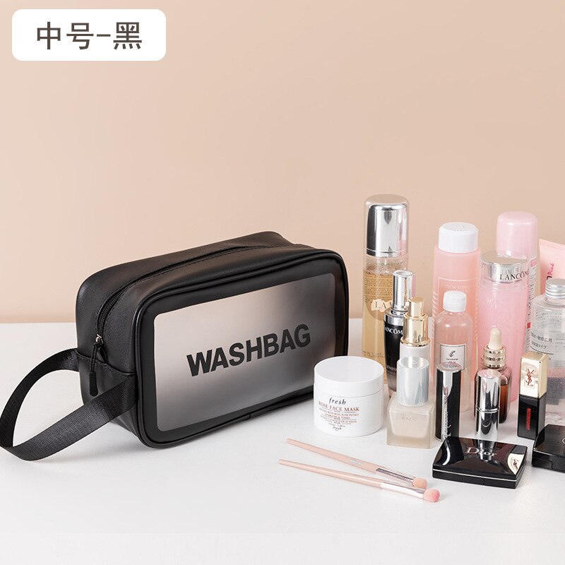 Stijlvolle brief toilettas pu make-up tas transparante reisorganizer toilettassen hoge capaciteit waterdichte dames cosmetische tassen: Middelzwart
