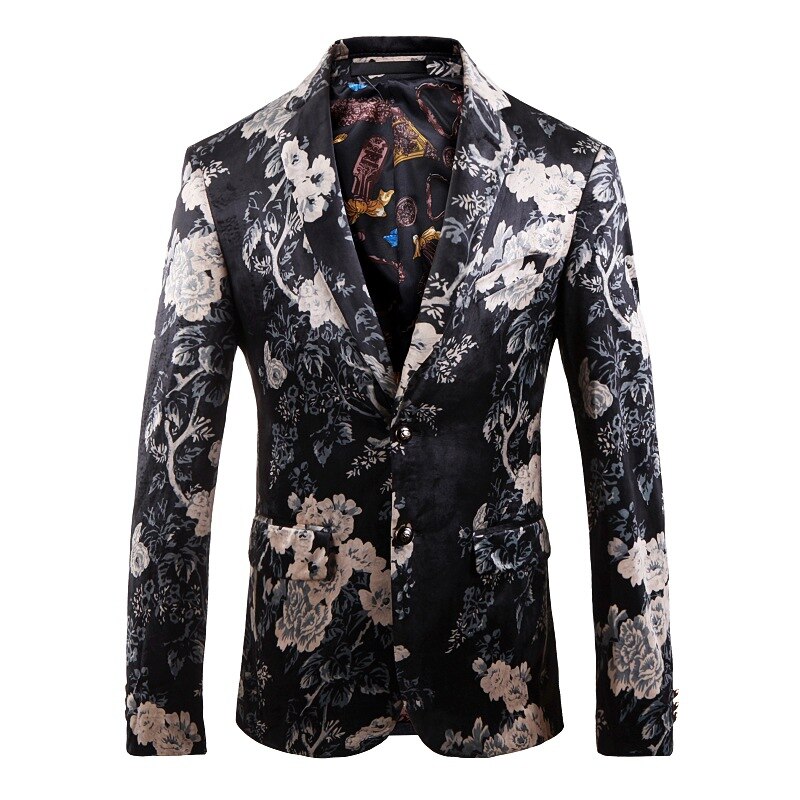 Shenrun Men Blazer Jackets Slim Autumn Winter Digital Print Velvet Casual Blazers Stage Costume Singer Host: 54