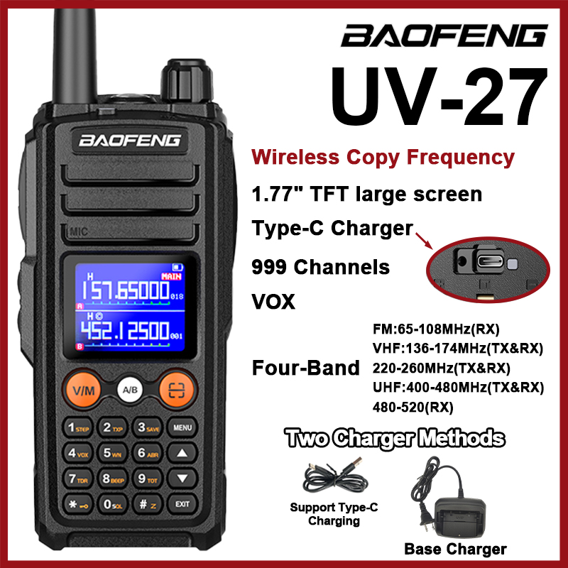 Baofeng UV-27 Walkie Talkie High Power FM NOAA 999CH Wireless Copy Frequency Type-C Portable Long Range 2 Way Radio For Camping