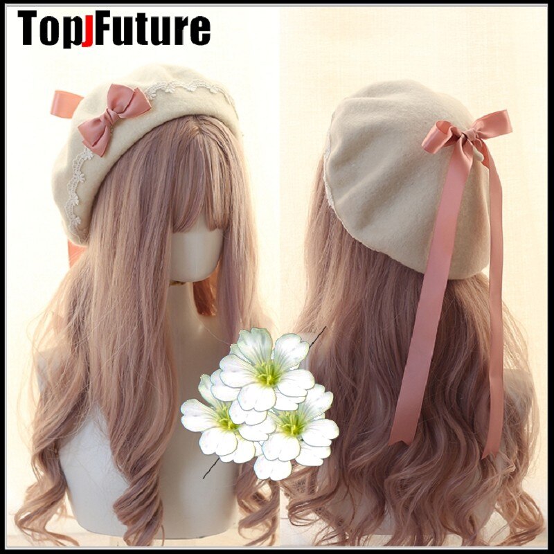 Japanse Meisje Kawaii Baret Hoed Lolita Tiener Hart Zoete Wollen Handgemaakte Leuke Lace Strik Warm Winter Schilder Hoed Hoofdtooi: white2