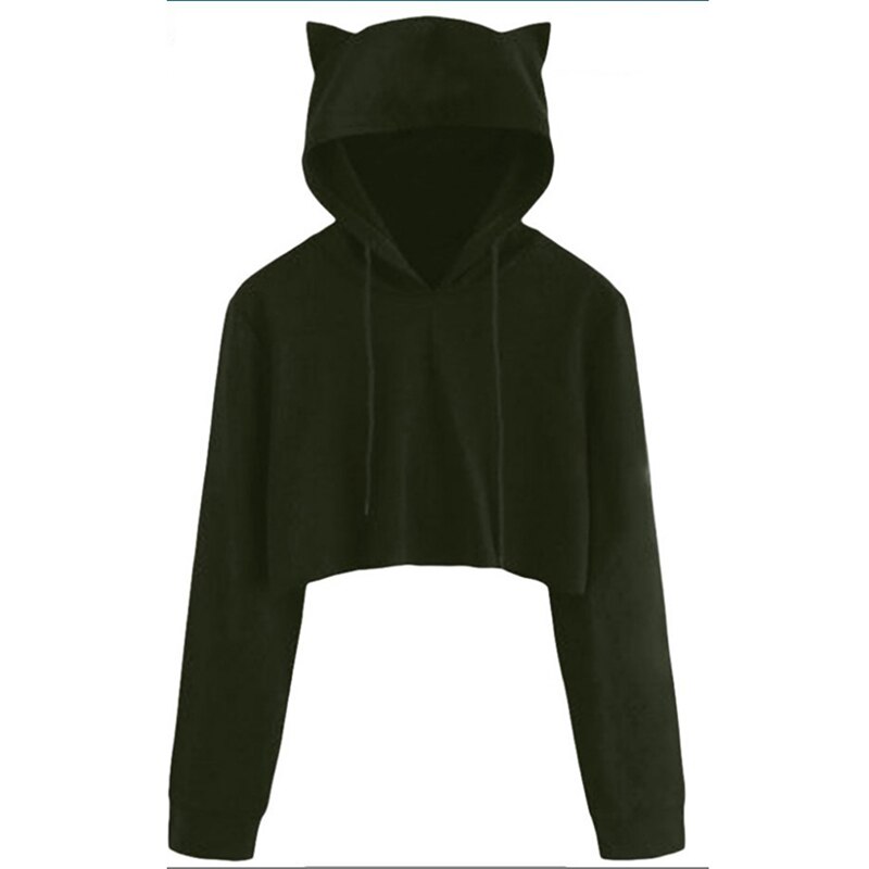 Adolescentes mignon chat oreille respirant garniture sweat haut court à manches longues pull à capuche pull ample Moletom: Army Green / XL