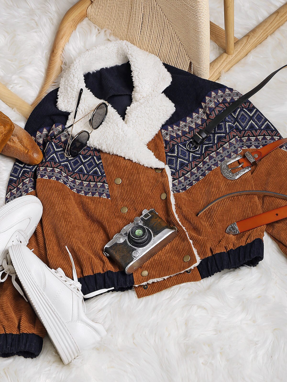 ZAFUL chaqueta de pana para mujer abrigos de invierno grueso cálido prendas de vestir doble pecho Tribal estampado Faux Shearling Panel chaqueta 5 colores