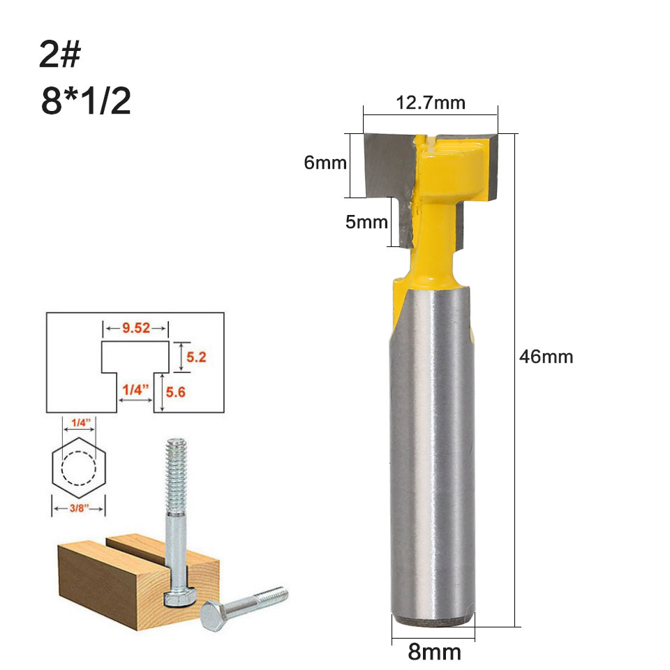 1pc 8mm skaft t-spor slotting & t-slot nøglehulsfræser træfræser stål stålhåndtag 3/8 '' & 1/2 '' længdefræser til træ: No 2