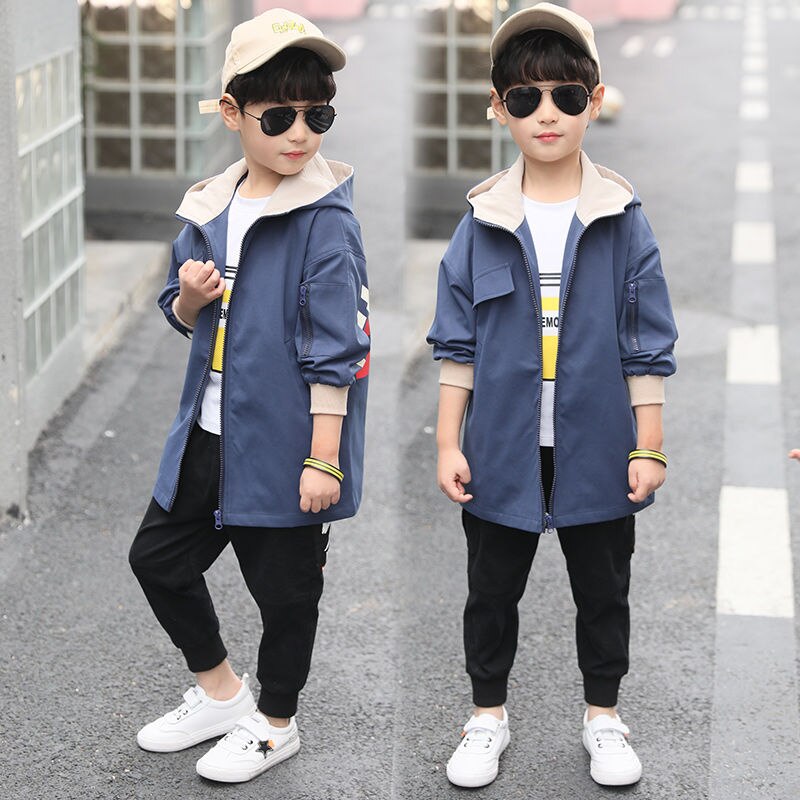 Barnkläder pojke kappa trench 3-11 år gammal lång jacka vårkläder barns stora barn casual koreanska: Blå / 5t