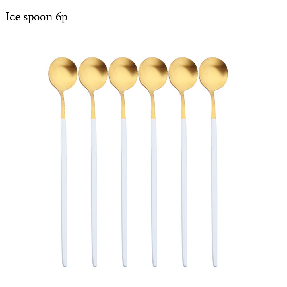 6Pcs Bestekset Rvs Zilverwerk Mes Vork Thee Lepel Servies Wit Goud Servies Bestek Keuken Diner Set: Ice spoon