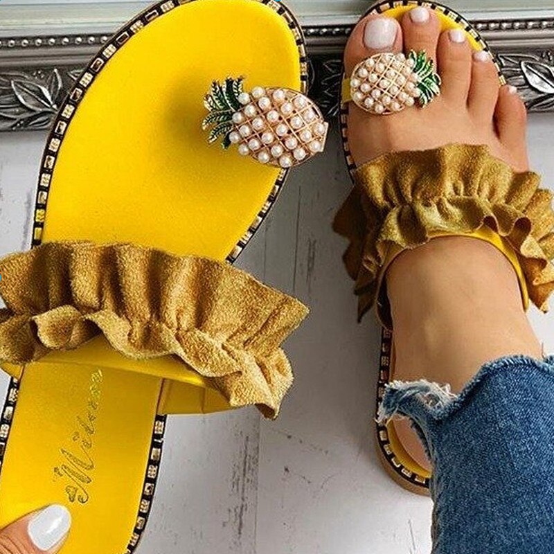 Sommar kvinnor sandaler tofflor skor platt flip flops snöre pärla kilar kvinna glider ananas casual mujer
