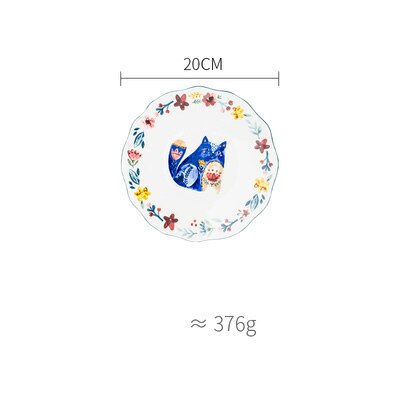ceramic plate 8inch cute carton dishes and plates sets floral fox printed under glazed dinner plates round children dessert dish: BLUE FOX