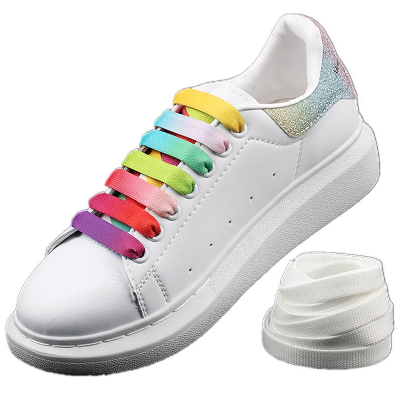 1 para tęczowe sznurowadła MCQ klasyczne codzienne białe buty płaskie sznurowadła precyzyjne tkactwo Unisex Gradient Shoelace