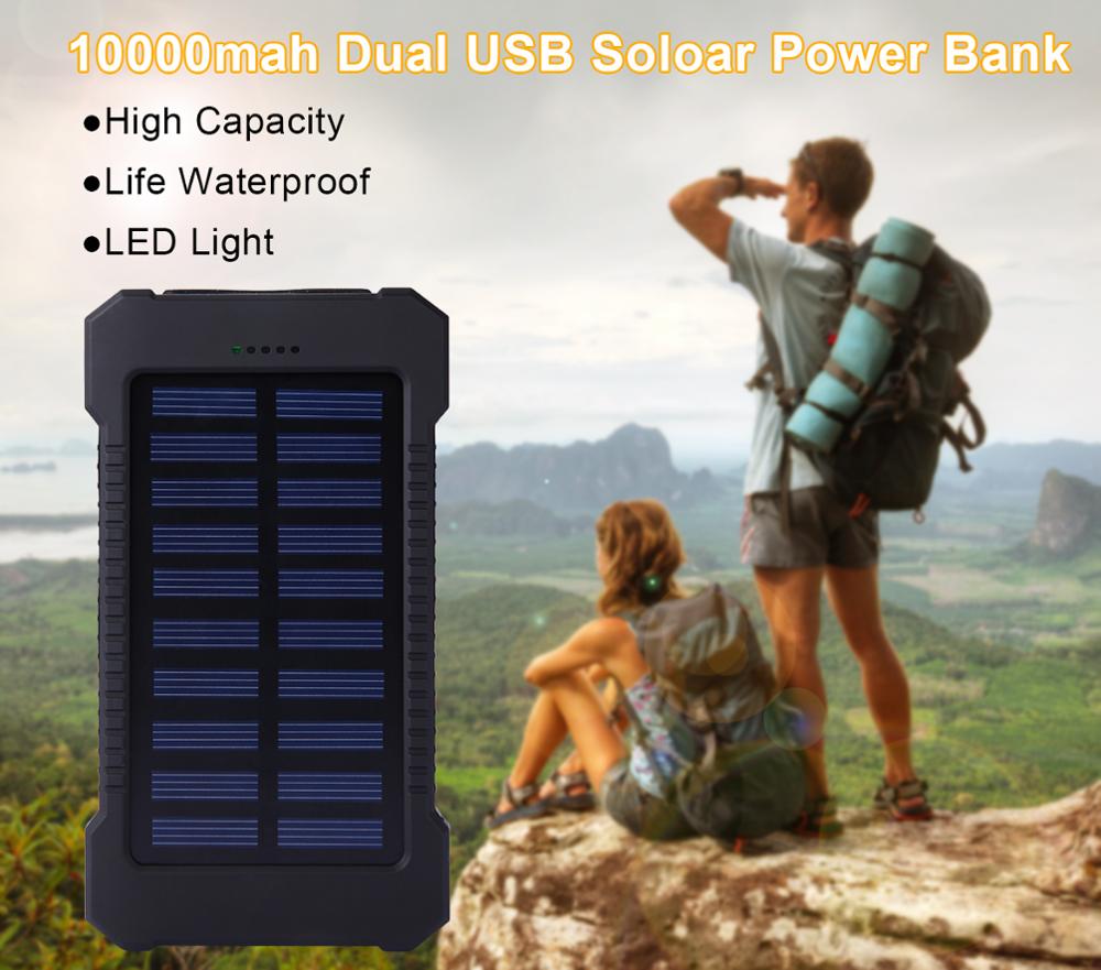 Draagbare Zonne-energie Bank 10000 Mah Waterdichte Externe Batterij Dual Usb Powerbank 10000 Mah Telefoon Batterij Oplader Led Pover Bank