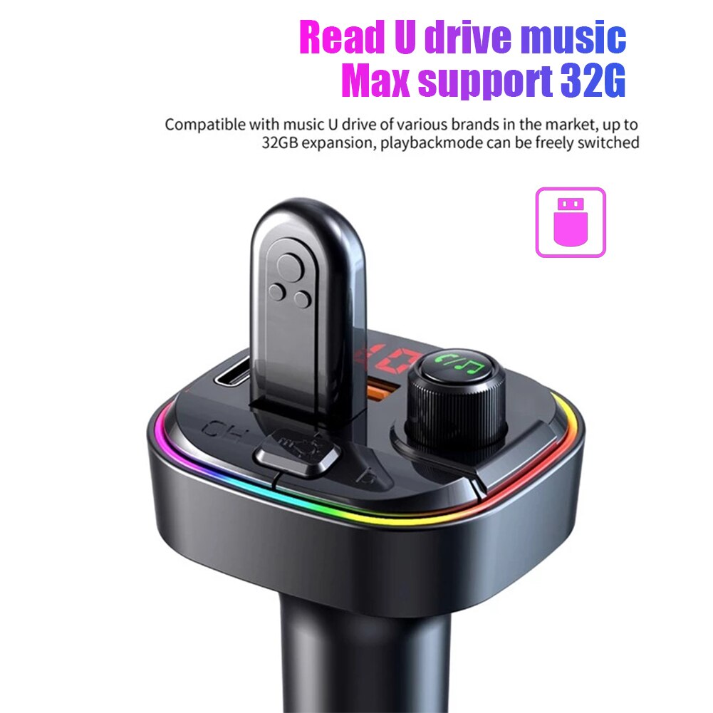 Qc3.0 + pd fast usb charger adapter, bluetooth compatible, 5,0 fm transmitters, wireless car  mp3 player bass audio car kit