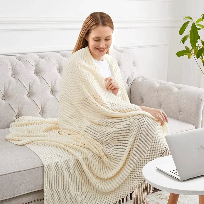 Weiße Boho-Überwurfdecken, strukturierte große Strickdecken, klobige Jahrgang-Luxus-Überwurf-Tagesdecke, Deckenbezug, Manta Para Sofá