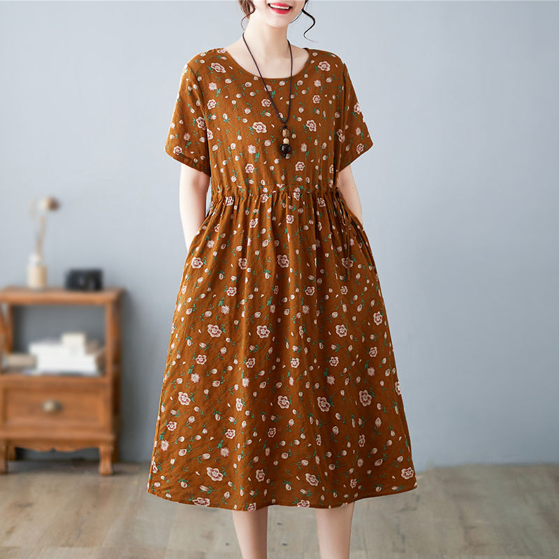 Summer Cotton Linen Literary Vintage Printing Loose Casual Robe Ladies Round Neck Lace Up Waist Dress Vestidos De Fiesta: L / black