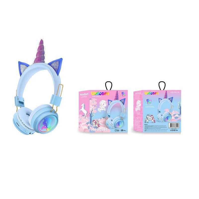 Auriculares inalámbricos con micrófono de unicornio para PC, cascos estéreo de música para teléfono móvil, de cumpleaños para chica, con caja, novedad de: Blue with Box