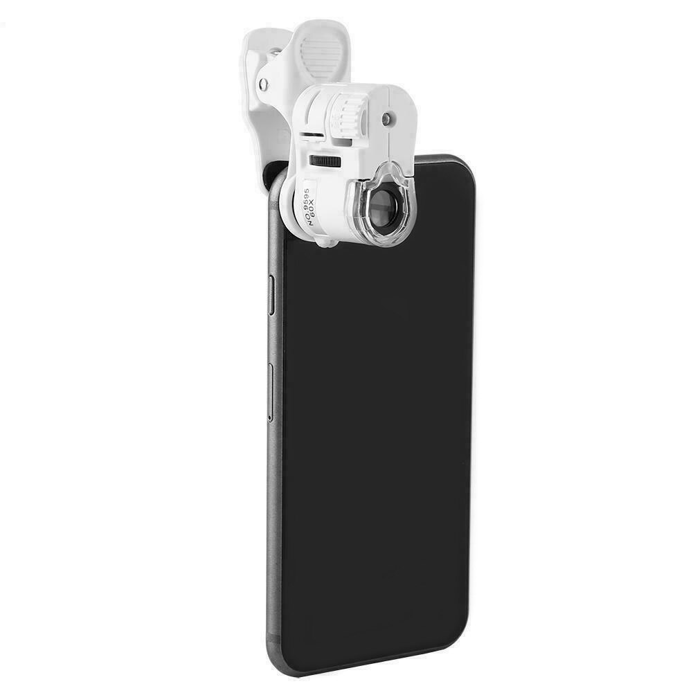60X portátil Clip lupa UV microscopio Universal teléfono móvil con Mini LED NK-Shopping
