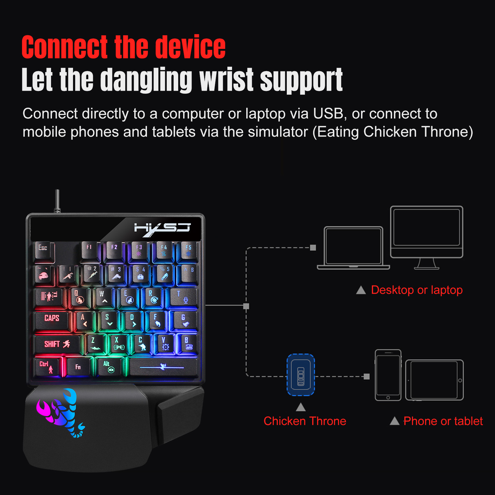Game Console Keyboard and Mouse Converter set, Mobile phone game one-handed keyboard wired game mouse RGB glow