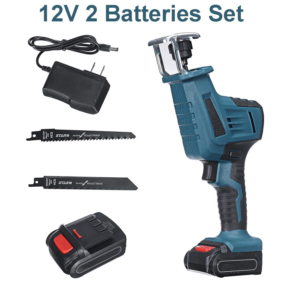 21V Lithium Battery Cordless Reciprocating Saw Kit Outdoor Electric Saw Blades for Wood Metal Cutting Woodworking Tools: 12V 2pcs Battery