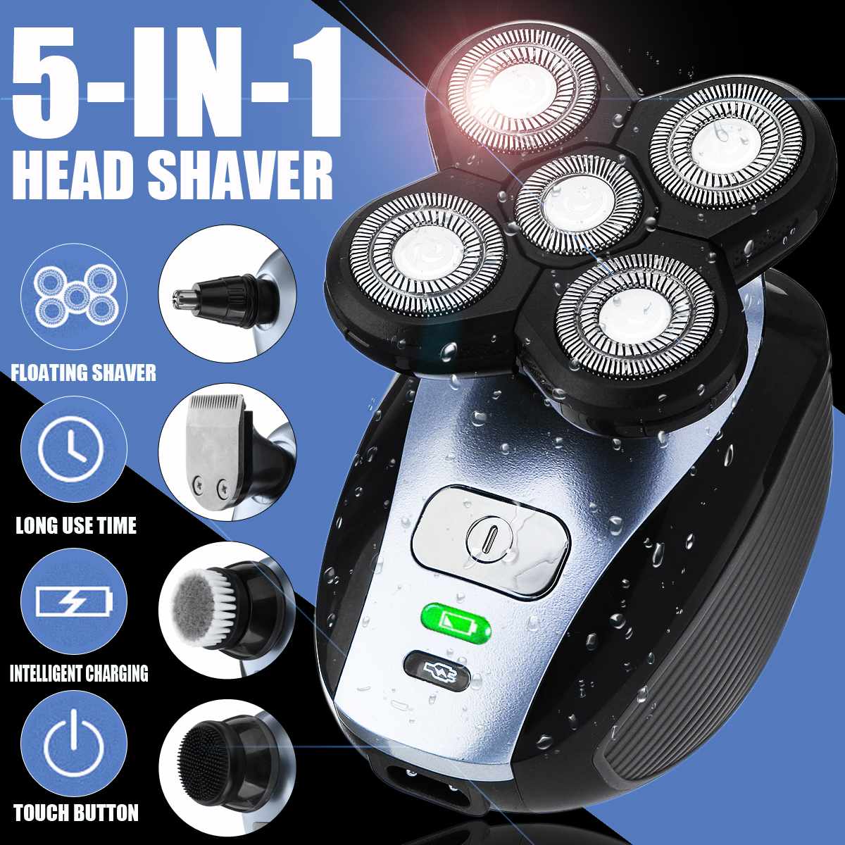 5 in 1 Multifunctional Electric Bald Head Shaver Rechargeable Trimmer 5 Head 4D Floating Head Cordless Groomer Men Hair Trimmer