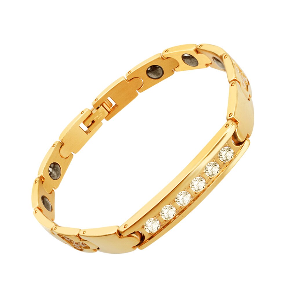 Fine4u b074 zircons mulheres magnético saúde pulseiras & bangles 316l energia de aço inoxidável pulseira saudável para jóias femininas: Gold1