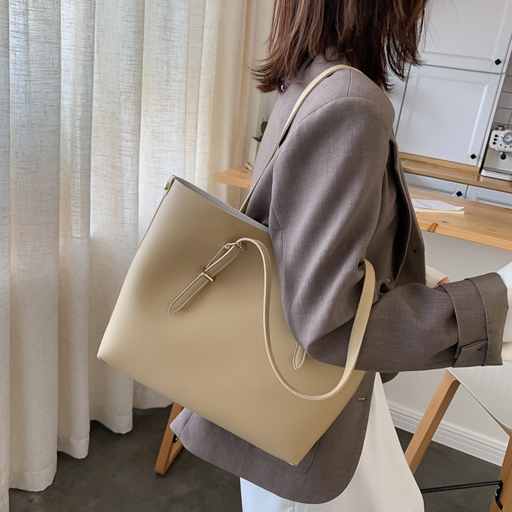 2 pièces/ensemble couleur unie PU sac à main femmes grande capacité décontracté dame épaule embrayage exquis sac à provisions