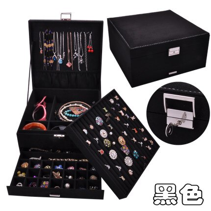 Style Luxury Jewelry Boxes 3 Layers With Lock Large Space Organizer For Ring And Necklace Velvet Jewelry Holder 4 Color: Black