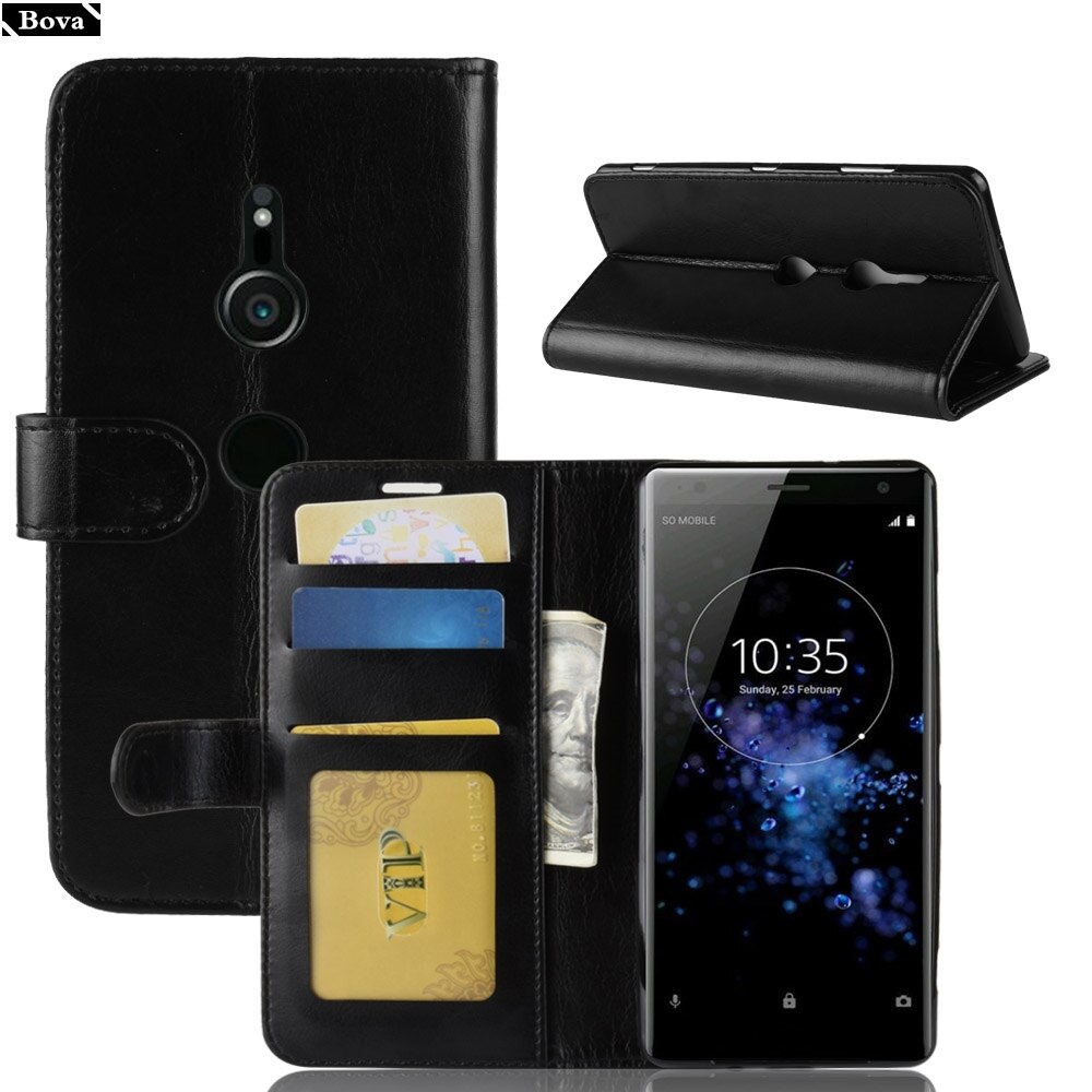 Pu Leather Case for Sony XZ3 card holder cover case for Sony Xperia XZ3 flip case protective holster coque fundas: Black