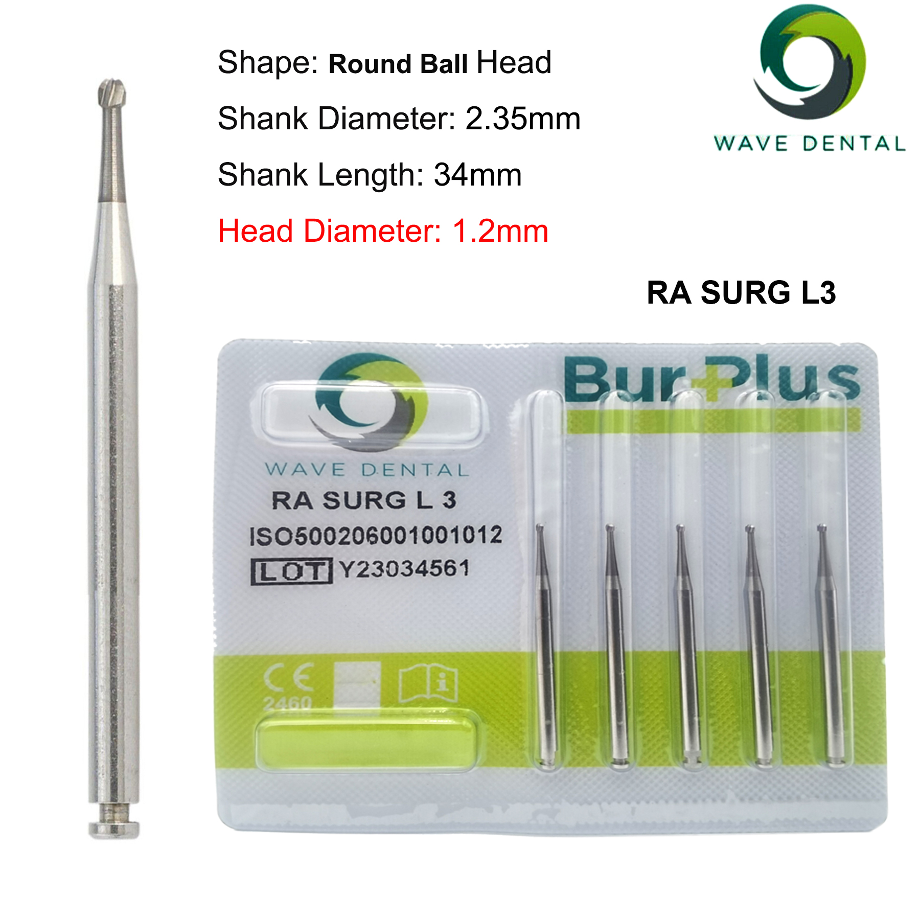 Fresas de carburo de tungsteno Dental WAVE, taladro Dental de cabeza redonda, fresas de implante RA SURG para pieza de mano de baja velocidad, herramientas de dentista, 5 unids/pack: Negro