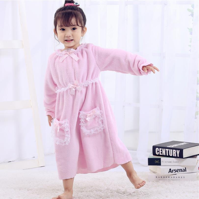 Camisones gruesos de franela para niña, ropa de dormir de buena , con lazo de encaje, para el hogar, ws162