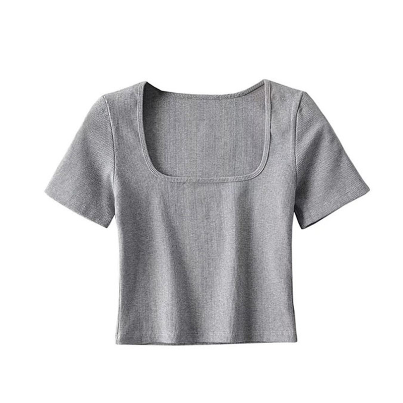 Haut court côtelé à col carré pour femme, t-shirt à manches courtes