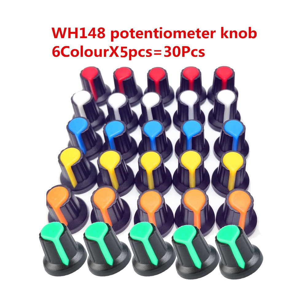 30Pcs 6 Kleur WH148 Potentiometer Knop Cap (Koperen Kern) 15X17mm 6Mm As Gat AG2 Geel Oranje Blauw Wit Rood 6 Kleur * 5 Stuks = 30Pcs