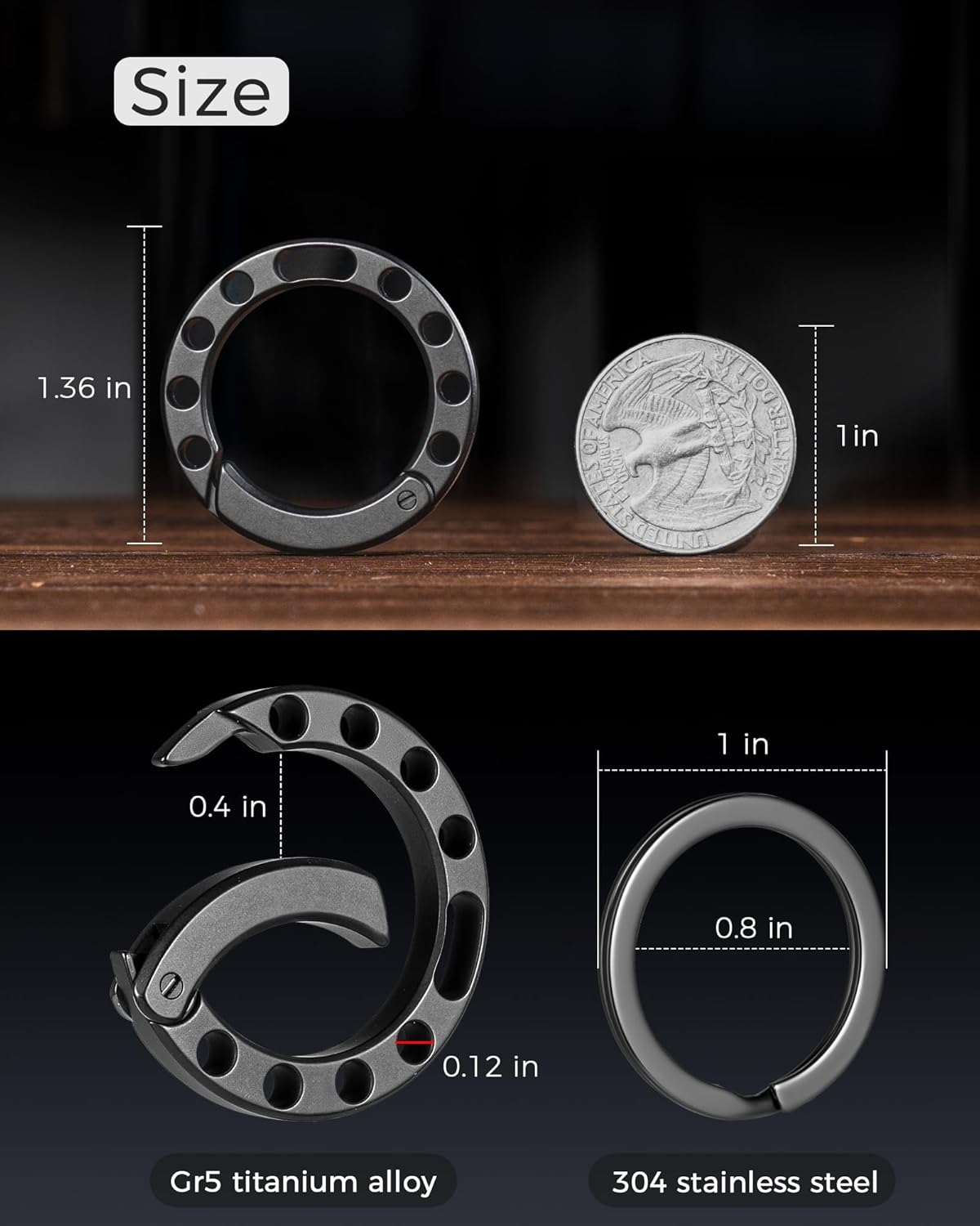 Tytanowy okrągły brelok do kluczy z karabińczykiem, szybkozłączka do brata, breloczek do kluczy z kółkami na klucze