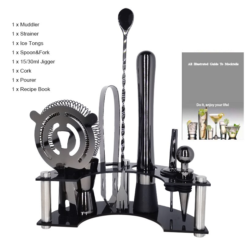 Bartender Kit, Bar Tool Set Cocktail Making Set with Stand Spoon Muddler Strainer Ice Tong Jigger, Ideal Drink Mixing Tool Kit: BY--Black Rack