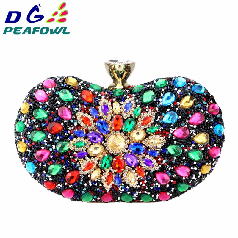 DG PEAFOWL 5colors Two Side Luxury Crystal Floral Clutch Chain Bag Evening Woman Diamond Wedding Shoulder Wallet Purse Handbags: black-mixed